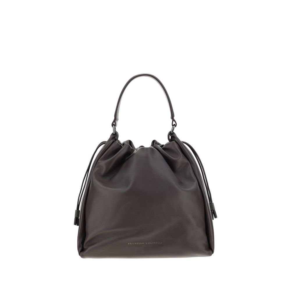 Brunello Cucinelli Brown Calf Leather Bos Taurus Shoulder Bag with drawstring closure and adjustable handle, AW25 collection.