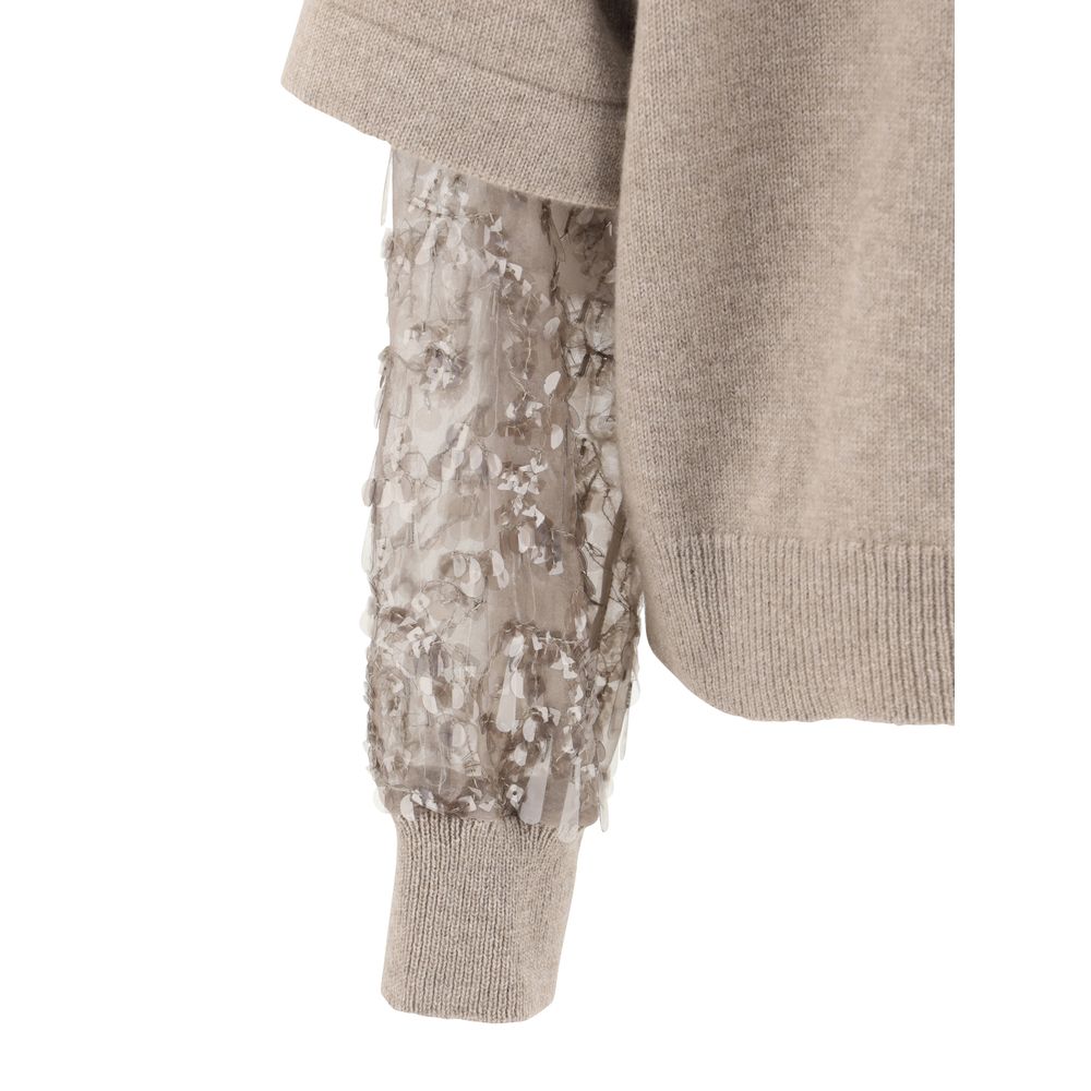 Brunello Cucinelli Brown Calf Leather Bos Taurus Turtleneck with detailed sleeve design featuring ribbed cuffs and semi-transparent fabric.