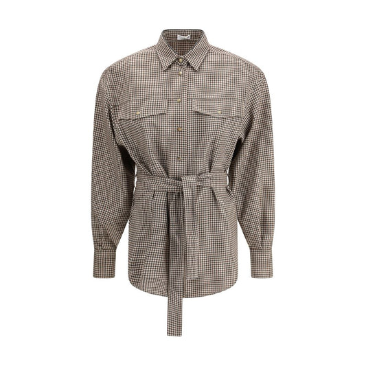 Brunello Cucinelli Brown Fleece Wool Pattern Shirt with check design and removable belt for a modern feminine look.
