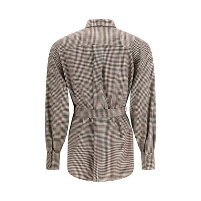 Back view of Brunello Cucinelli Brown Fleece Wool Pattern Shirt with check pattern and removable belt.
