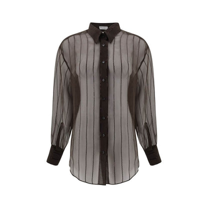 Brunello Cucinelli Brown Silk Blouse with sequins, semi-transparent design, classic collar, and button closure, perfect for sophistication.