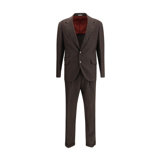 Brunello Cucinelli Brown Wool Two-Piece Suit with Prince of Wales pattern and metal buttons, showcasing elegant menswear design.