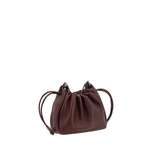 Brunello Cucinelli Bucket Mellow mini Shoulder Bag in leather with a drawstring closure and shiny jewelry strap detailing.