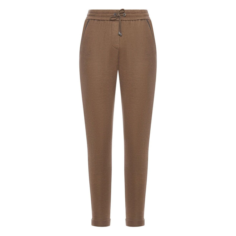 Brunello Cucinelli Cotton And Silk Blend Trousers with brown elasticated waistband and tapered leg for stylish comfort.