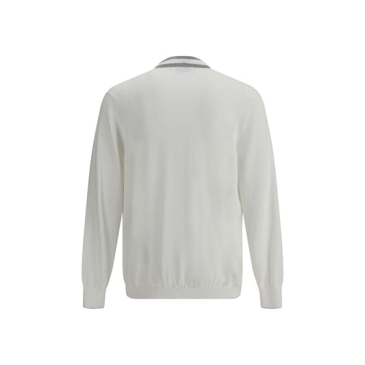 Back view of Brunello Cucinelli Cotton Cardigan featuring ribbed cuffs and hem in a classic white color for a timeless look.