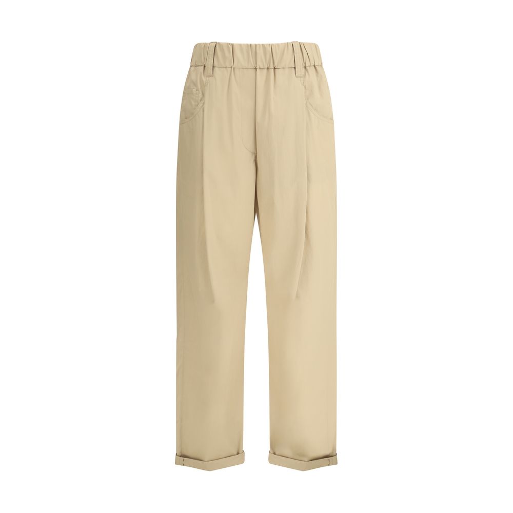 Alt Tag: Brunello Cucinelli Cotton Elasticated Pants with elastic waist and belt loops, featuring side and back pockets, in beige color.