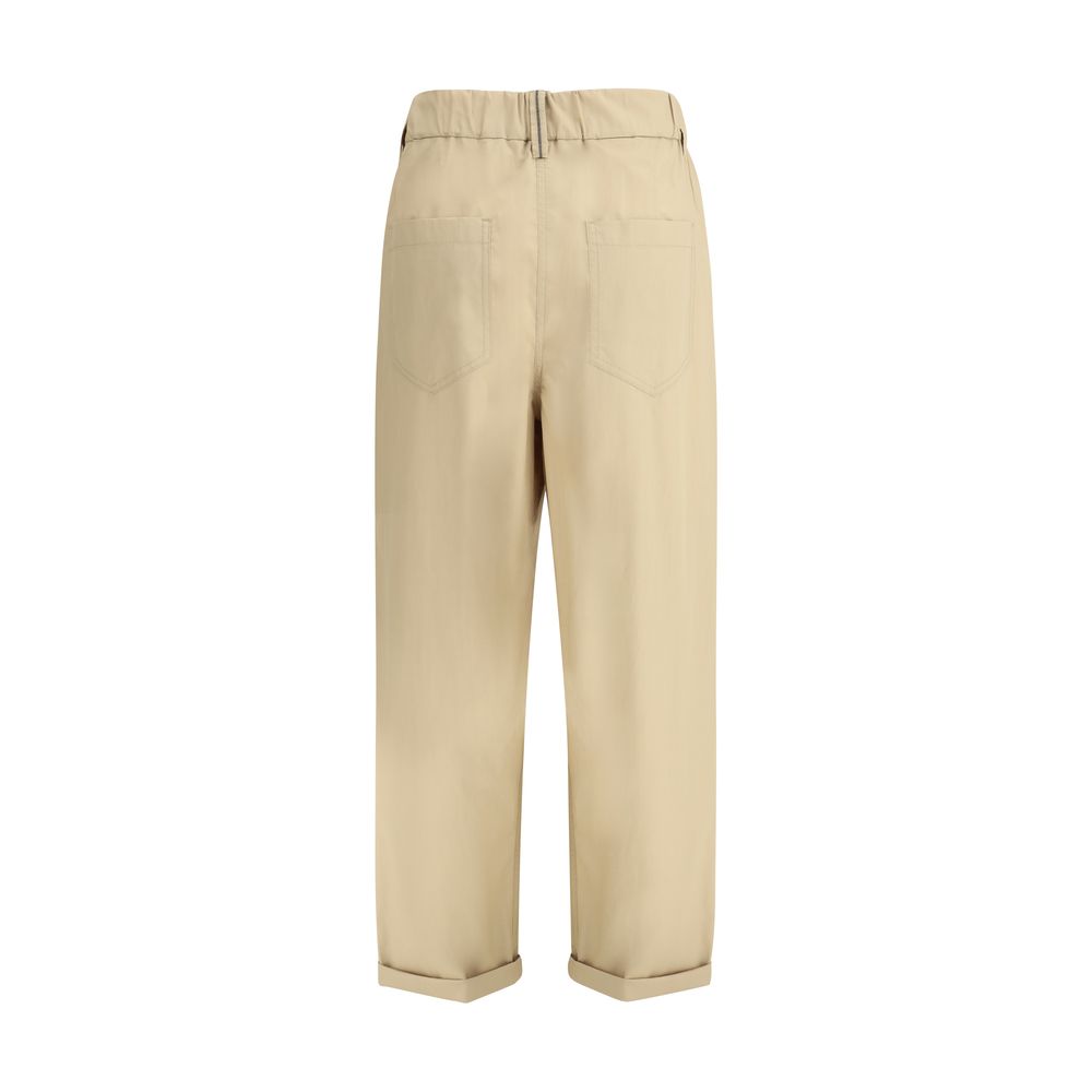 Back view of Brunello Cucinelli Cotton Elasticated Pants with patch pockets and elastic waist, showcasing style and comfort.