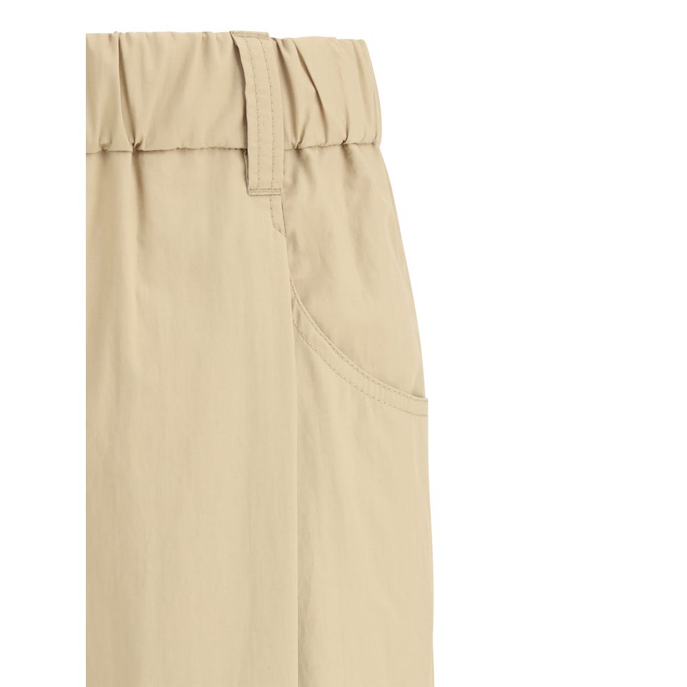 Brunello Cucinelli Cotton Elasticated Pants with waistband and pocket detail, beige color.