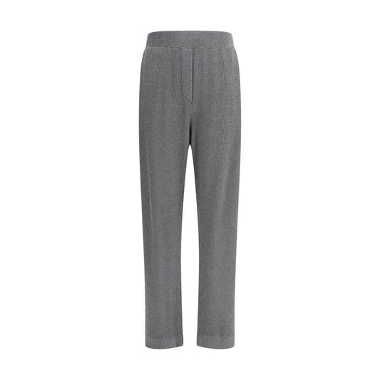 Brunello Cucinelli Gray Cotton Casual Pants with ribbed knit and silver thread details, featuring an elasticized waistband and side welt pockets.