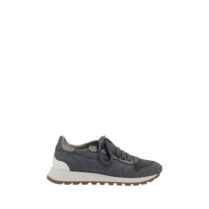 Stylish Brunello Cucinelli Gray Fleece Wool Sneakers with mélange fabric and shiny bead detail on modern knurled sole.