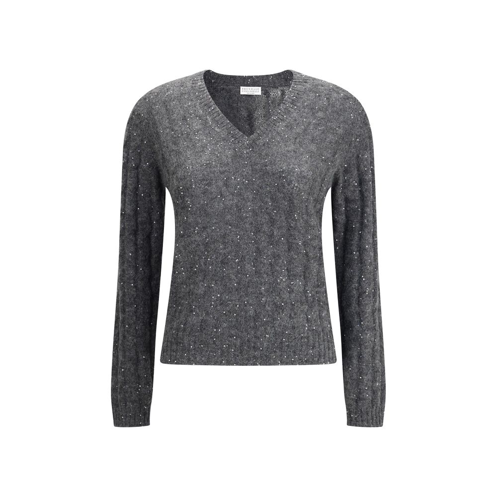 Brunello Cucinelli Gray Mohair Sweatshirt with dazzling cable knit and sequin highlights, V-neck sweater, mohair cotton wool blend