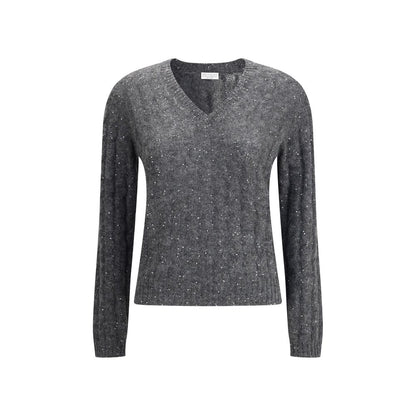 Brunello Cucinelli Gray Mohair Sweatshirt with dazzling cable knit and sequin highlights, V-neck sweater, mohair cotton wool blend
