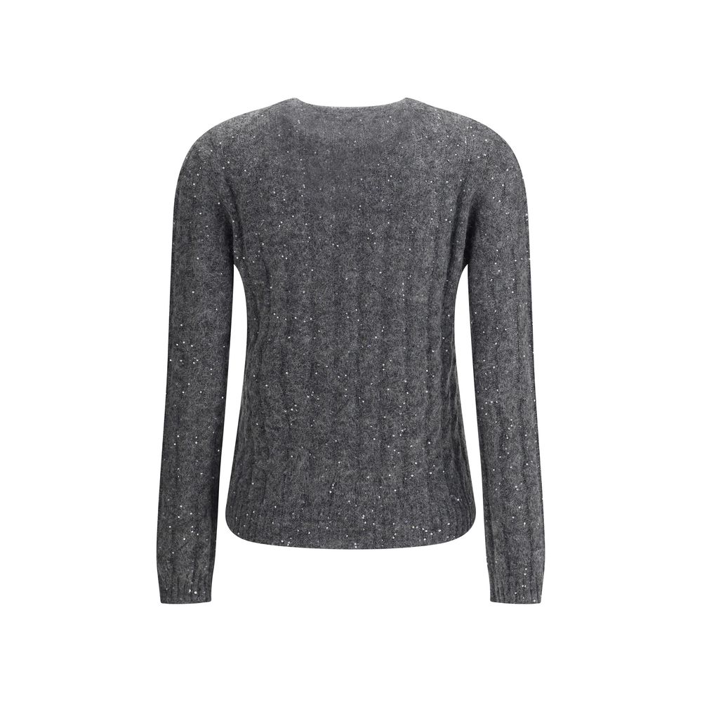 Back view of Brunello Cucinelli Gray Mohair Sweatshirt with sequin highlights and braided knit design