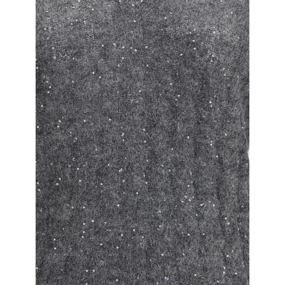 Close-up of Brunello Cucinelli Gray Mohair Sweatshirt showcasing its three-dimensional braided knit and luminous sequin highlights.