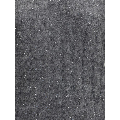 Close-up of Brunello Cucinelli Gray Mohair Sweatshirt showcasing its three-dimensional braided knit and luminous sequin highlights.