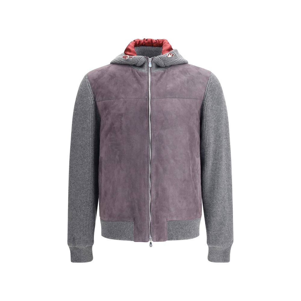 Brunello Cucinelli Gray Wool Jackets And Coat with English knit, suede yoke, padded interior, and lined hood featuring adjustable drawstrings.