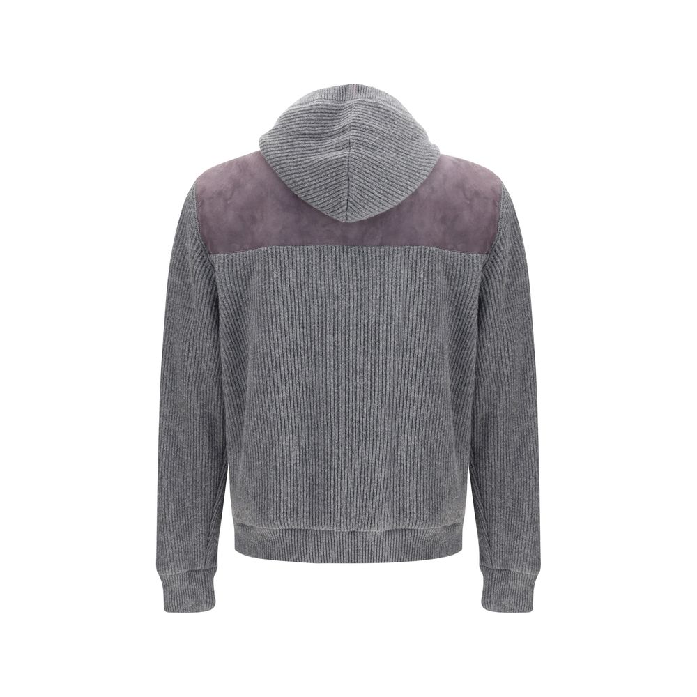 Brunello Cucinelli Gray Wool Jackets And Coat with hood, suede yoke, and ribbed cuffs, showcasing back design with elegant knit texture