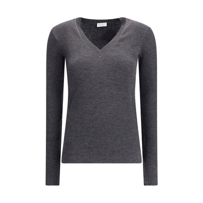 Brunello Cucinelli Gray Wool Long Sleeve T-Shirt with jewel-embellished V-neckline and ribbed texture.