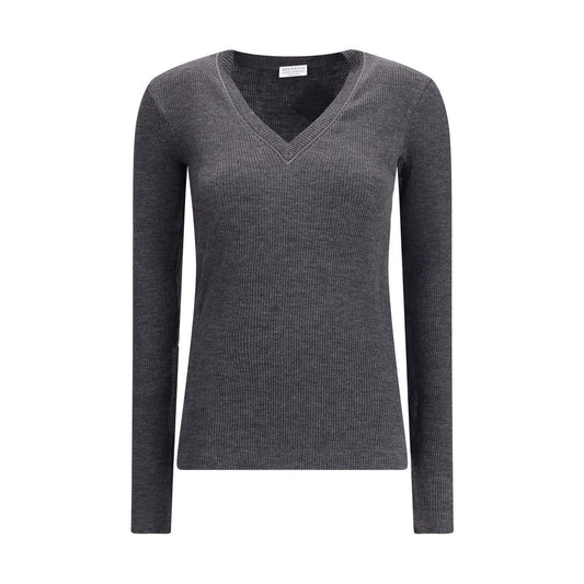 Brunello Cucinelli Gray Wool Long Sleeve T-Shirt with jewel-embellished V-neckline and ribbed texture.