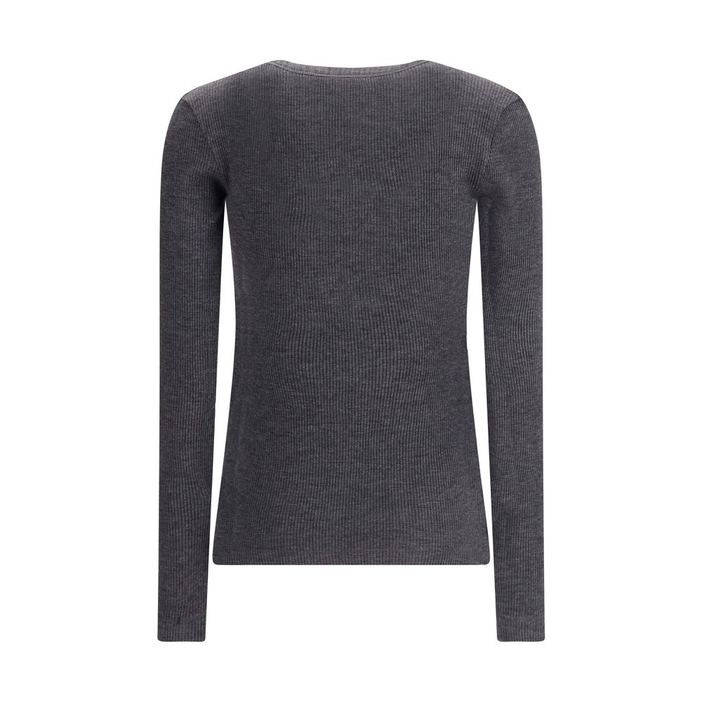Back view of Brunello Cucinelli Gray Wool Long Sleeve T-Shirt showing ribbed texture and elegant minimalist design
