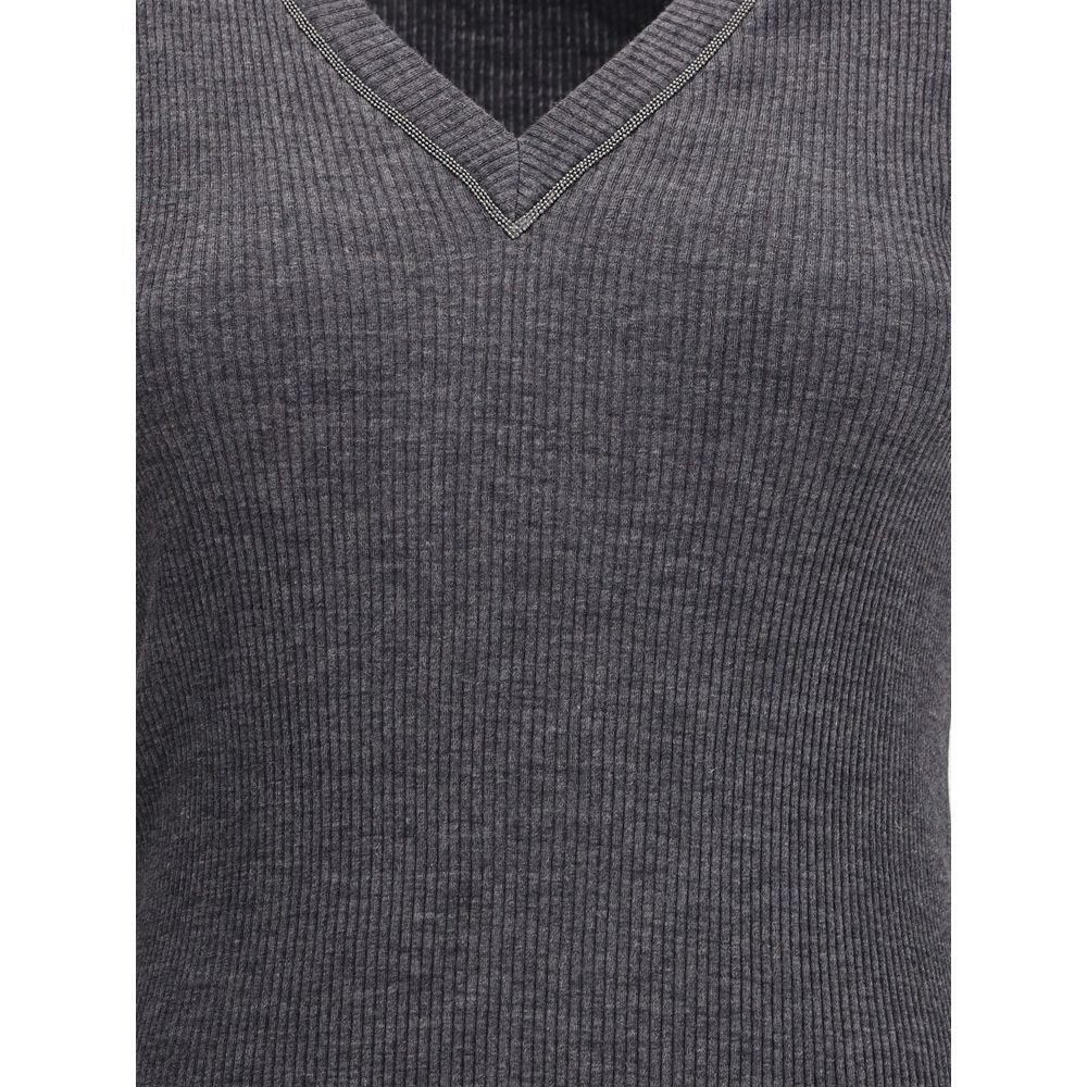 Brunello Cucinelli Gray Wool Long Sleeve T-Shirt with V-neck and jewel embellishment, showcasing ribbed jersey material and minimalist design.