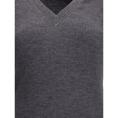 Brunello Cucinelli Gray Wool Long Sleeve T-Shirt with V-neck and jewel embellishment, showcasing ribbed jersey material and minimalist design.