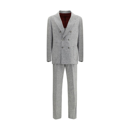 Brunello Cucinelli Gray Wool Two-Piece Suit with peaked lapels and six-button closure, showcasing refined craftsmanship and elegance.