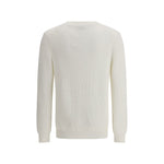 Rear view of Brunello Cucinelli Half english rib Sweater in white cotton, showcasing ribbed texture and elegant design.
