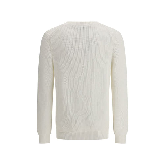Rear view of Brunello Cucinelli Half english rib Sweater in white cotton, showcasing ribbed texture and elegant design.