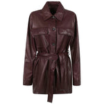 Brunello Cucinelli Jackets Bordeaux - leather jacket with long sleeves, button fastening, pointed collar, and waist belt.