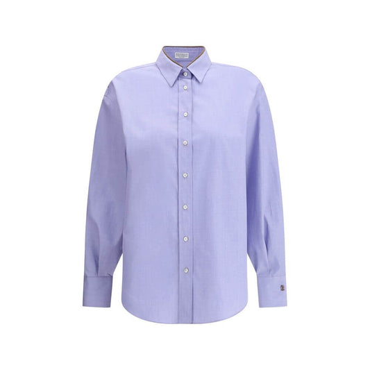 Brunello Cucinelli Light Blue Cotton Dress Shirt with classic collar and front button closure, showcasing asymmetrical hem for modern style.