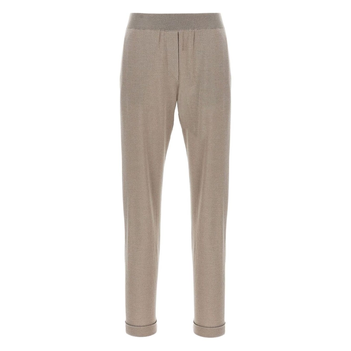 Taupe grey Brunello Cucinelli Lurex-detail trousers with elasticised waistband and cuffed hems in wool and silk.