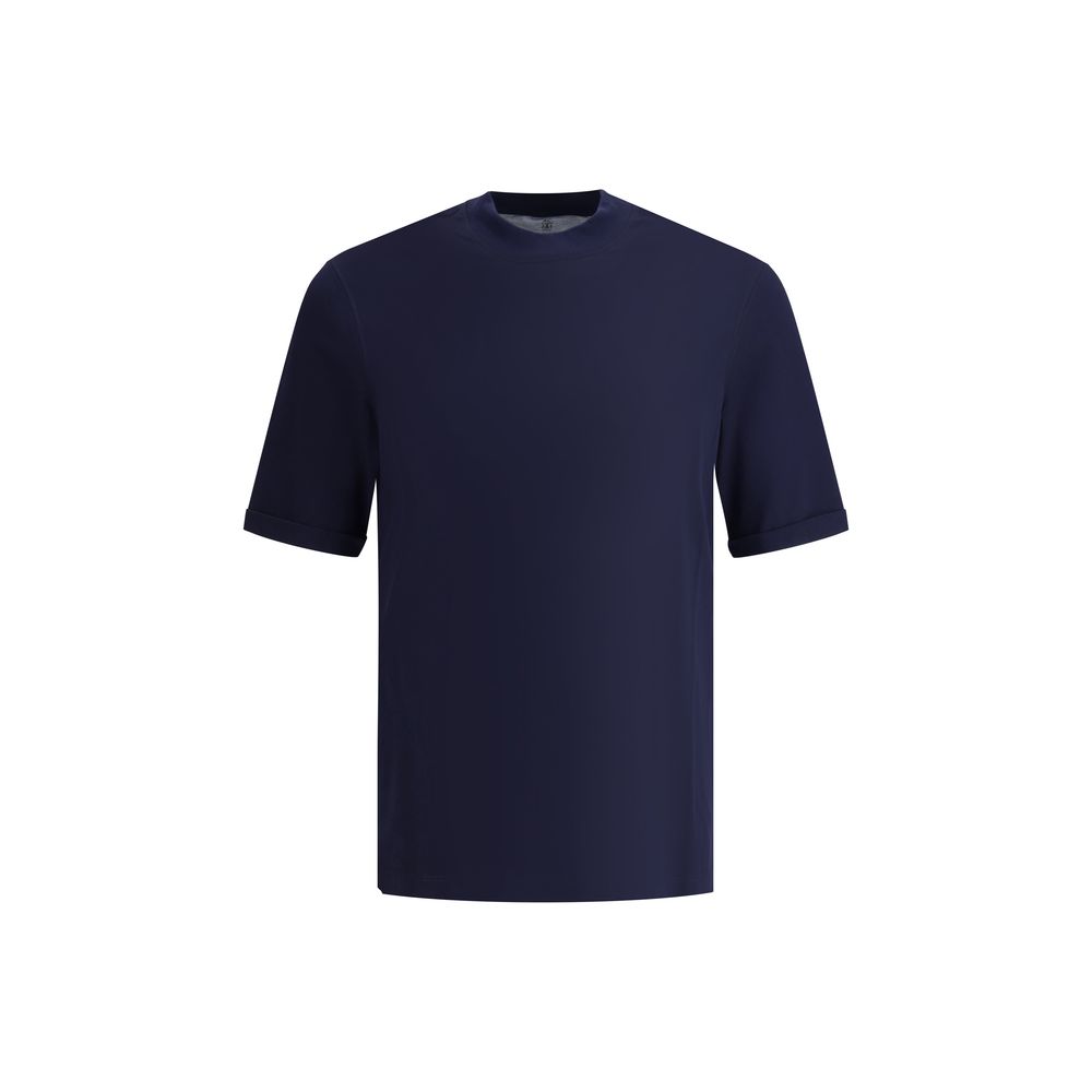 Brunello Cucinelli Monochrome T-Shirt with high ribbed crew neck, turned-up hem, and versatile design in cotton.