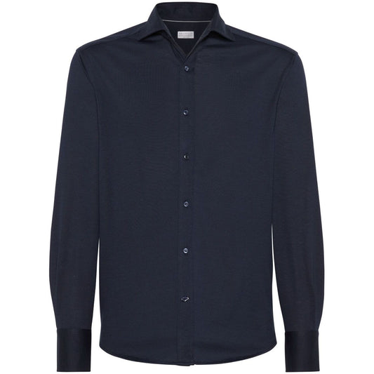Brunello Cucinelli Shirts Blue with long sleeves, button fastening, buttoned cuffs, straight hem, silk and cotton blend.