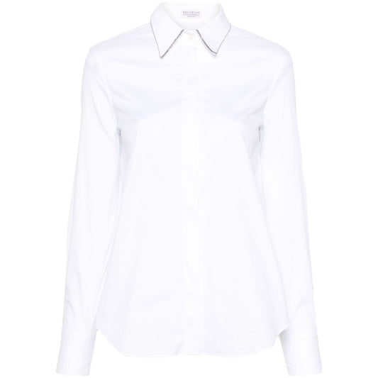 Brunello Cucinelli Shirts White with Monili detail and pointed collar, long sleeves, buttoned cuffs, and curved hem.