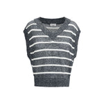 Brunello Cucinelli Striped Vest with micro sequins and ribbed hems, featuring a sophisticated V-neck design in loose weave.