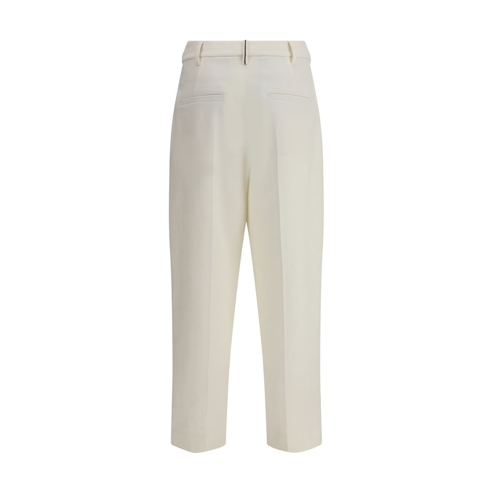 Brunello Cucinelli White Cotton Chino Pants with cropped ankle length and straight leg, featuring front pleats for tailored elegance.