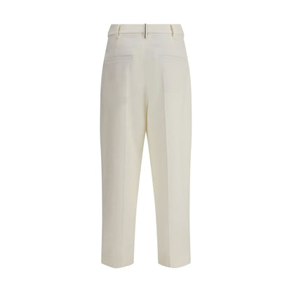 Brunello Cucinelli White Cotton Chino Pants with cropped ankle length and straight leg, featuring front pleats for tailored elegance.