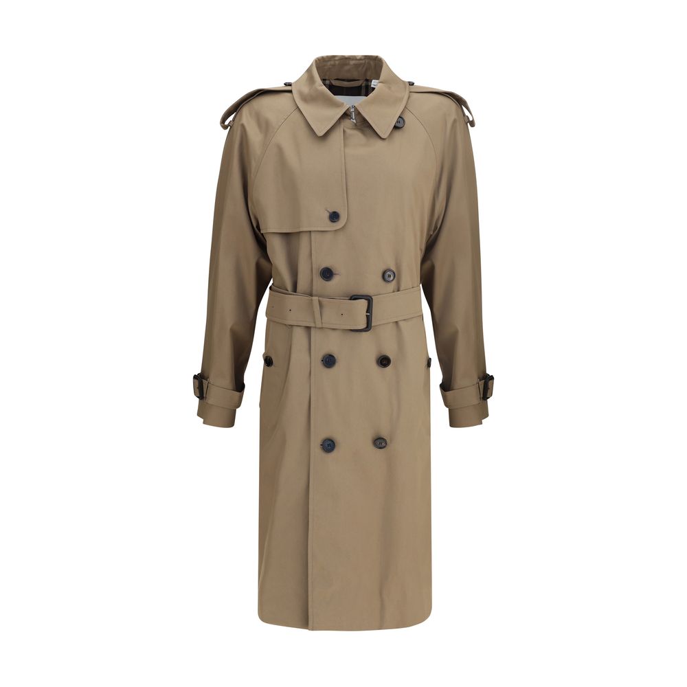 Burberry Beige Cotton Trench Coat with double-breasted design and B-shaped belt buckle, showcasing classic and modern style elements.