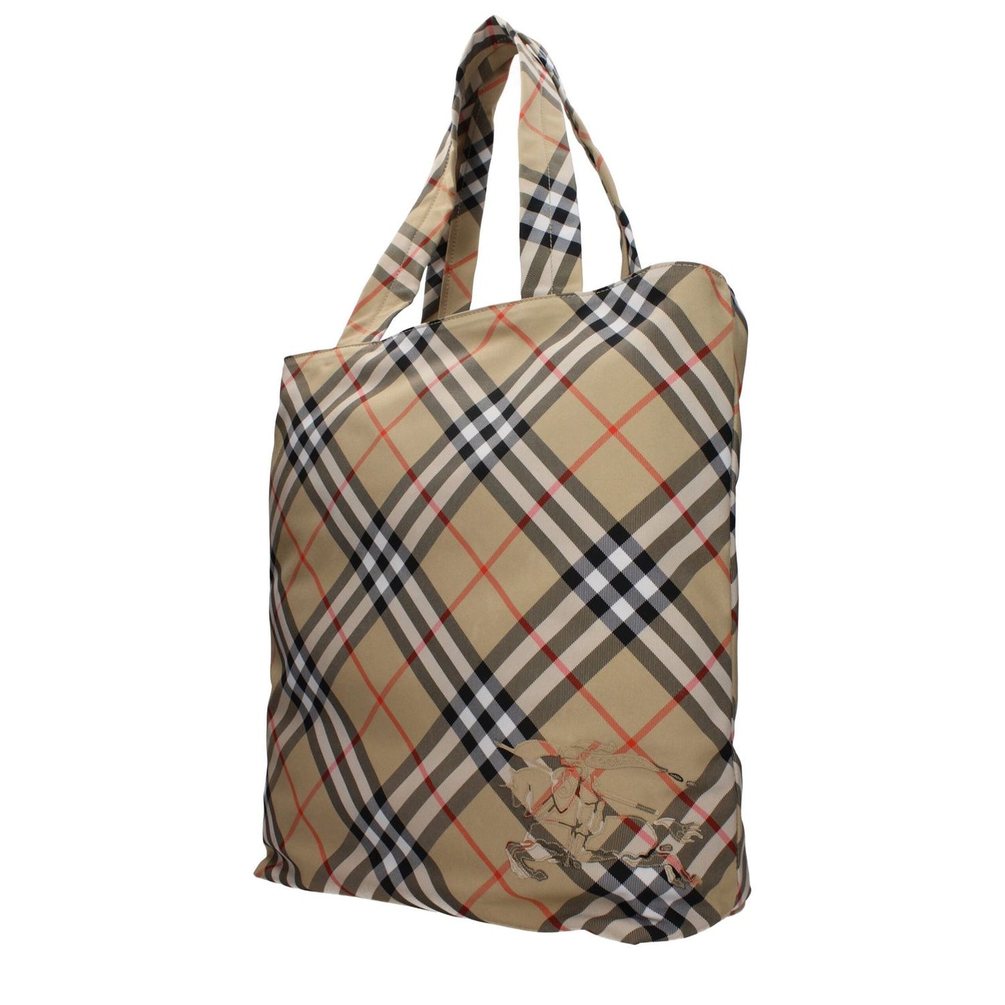 Burberry Beige Fabric Shoulder Bag with checkered pattern, large size, zip closure, and front logo. Casual design for versatile use.