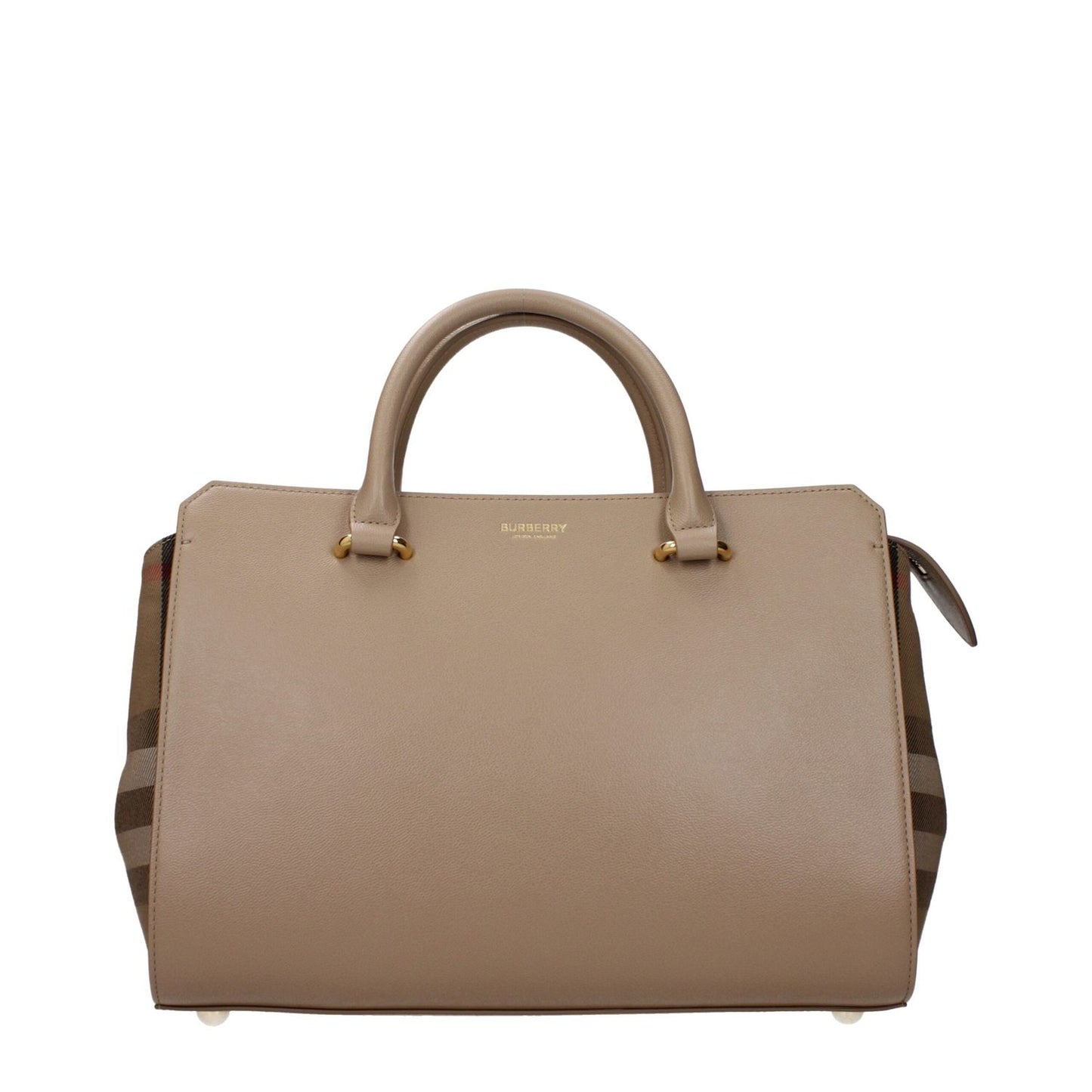 Burberry Beige Leather Handbag with adjustable, removable shoulder strap, front logo, and zip closure, in chestnut and beige leather.