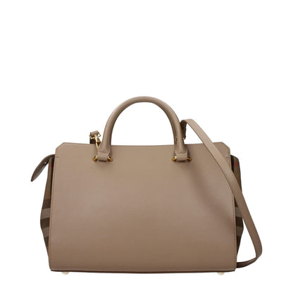 Burberry Beige Leather Handbag with adjustable and removable shoulder strap, zip closure, front logo, small size, chestnut accents.