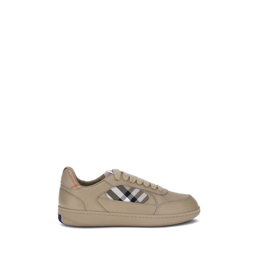 Burberry Beige Rubber Low Top Sneakers with Check pattern and Equestrian Knight design label, side view with elegant detailing.