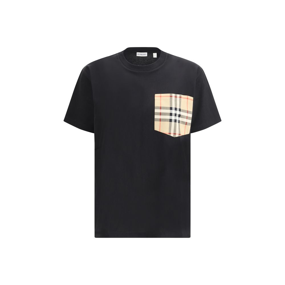 Burberry Black Cotton T-Shirt with Archive Check pocket, ribbed crew neck, and monochrome pattern, perfect for a versatile modern look.