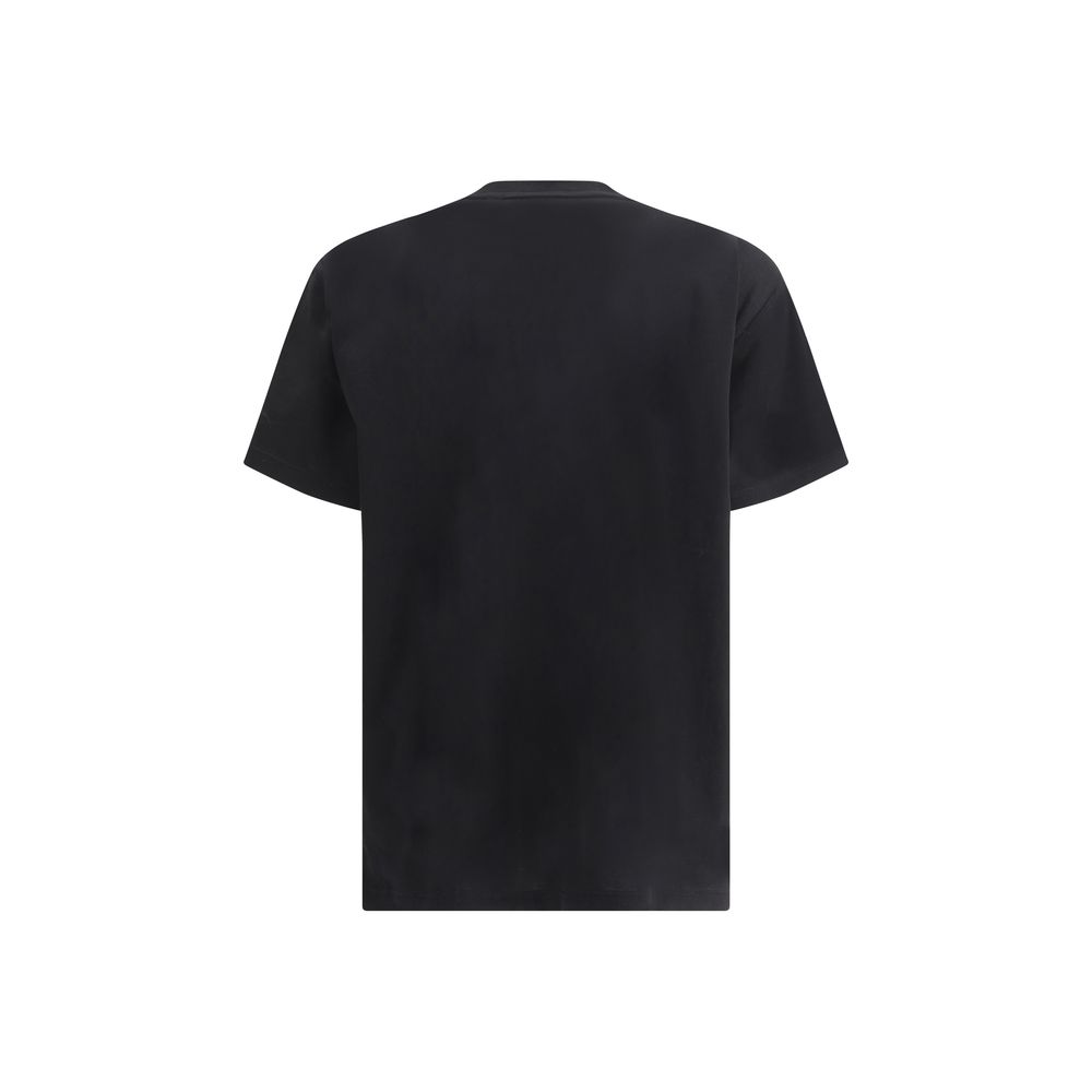 Back view of a Burberry Black Cotton T-Shirt with all-over monochrome pattern and ribbed crew neck.