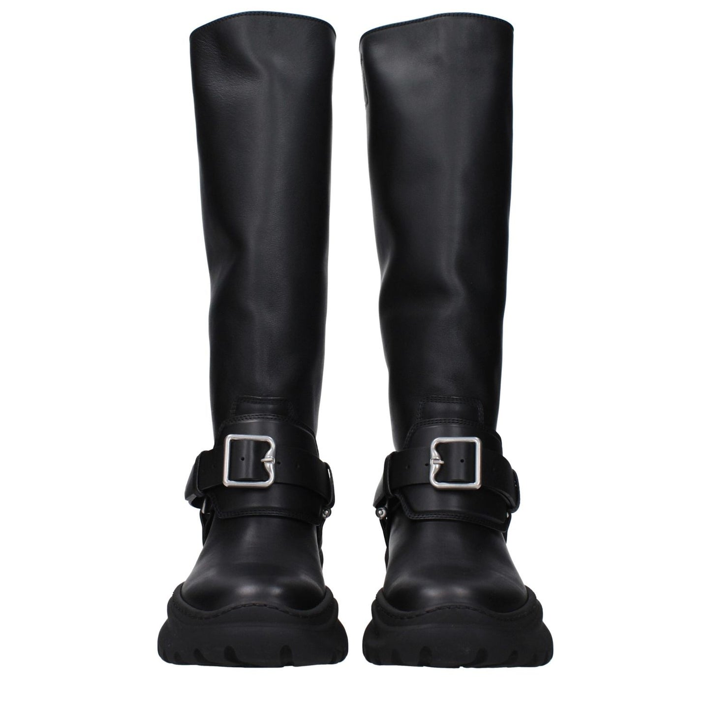 Burberry Black Leather Boots with front detail and vintage effect, featuring a silver buckle, round toe, and mid heels.