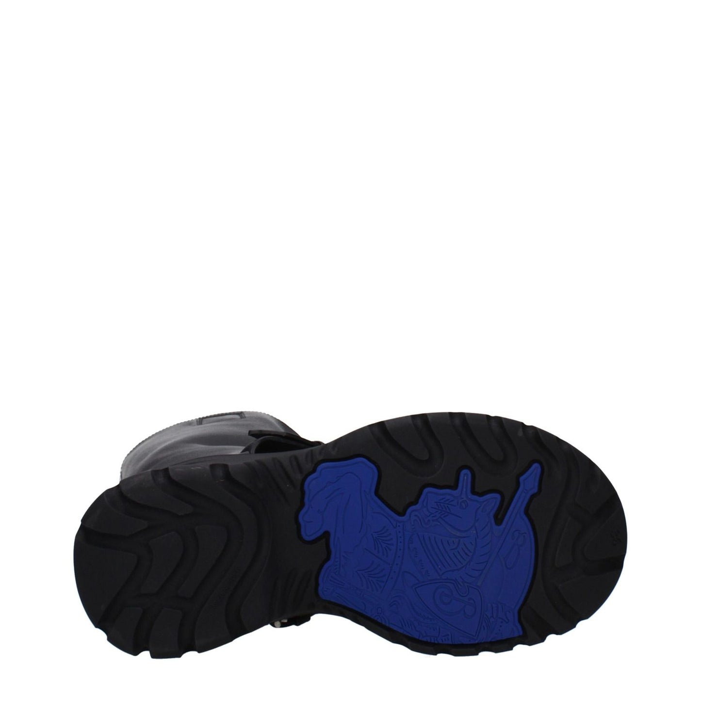 Sole view of Burberry Black Leather Boots with a vibrant blue design, round toe, rubber sole, and mid heel. MPN: 8096904, style: casual.