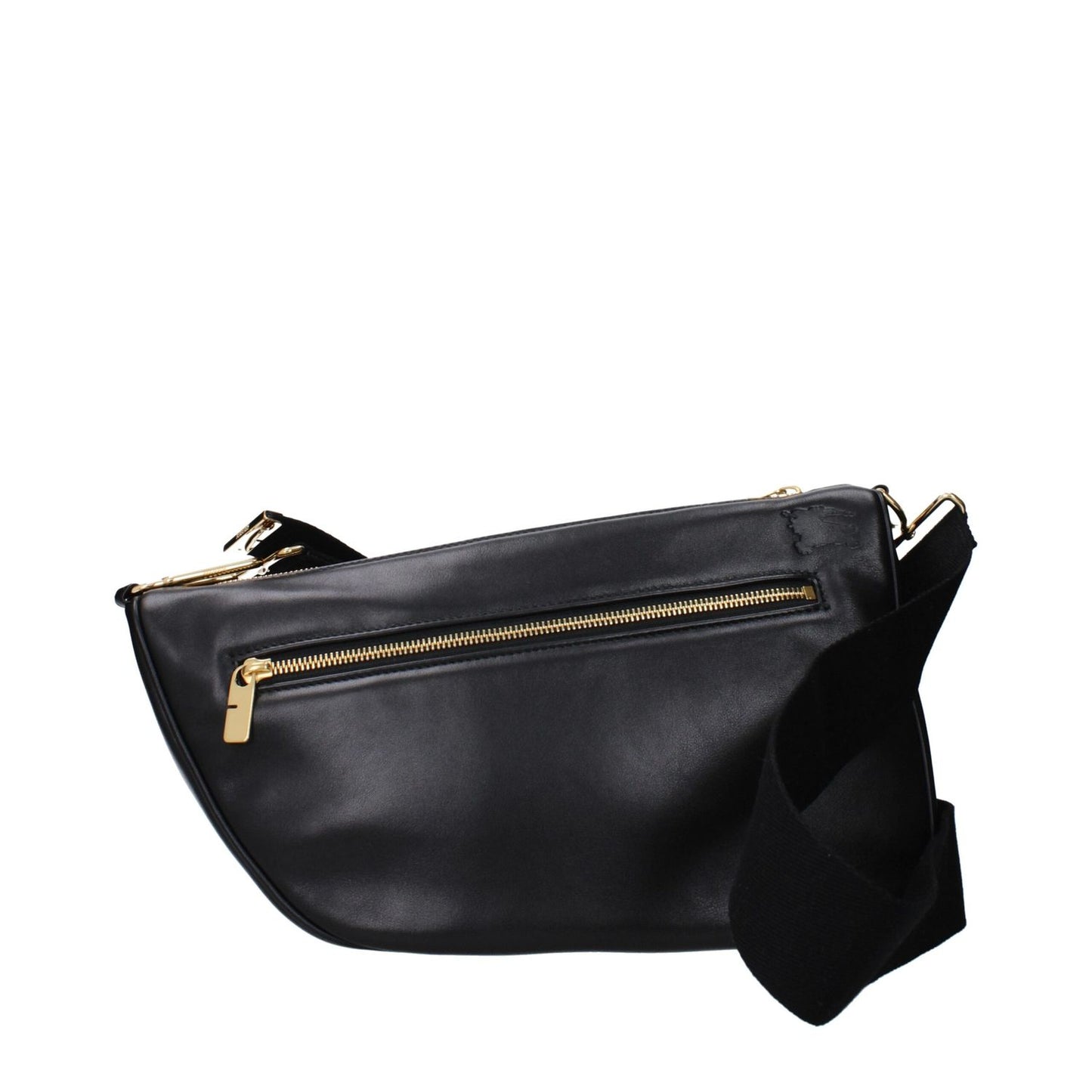 Burberry Black Leather Crossbody Bag with zip closure and adjustable shoulder strap, featuring external pockets and gold accents.