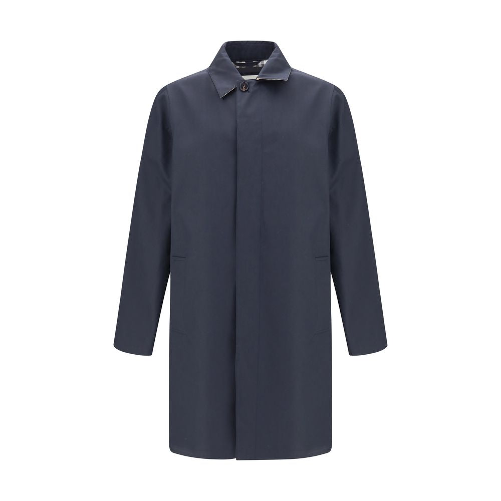 Burberry Blue Cotton Coat, mid-length, shower-resistant gabardine with button closure and classic Burberry Check lining, heritage style.