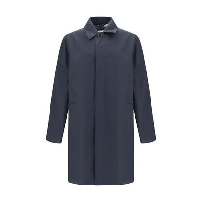 Burberry Blue Cotton Coat, mid-length, shower-resistant gabardine with button closure and classic Burberry Check lining, heritage style.